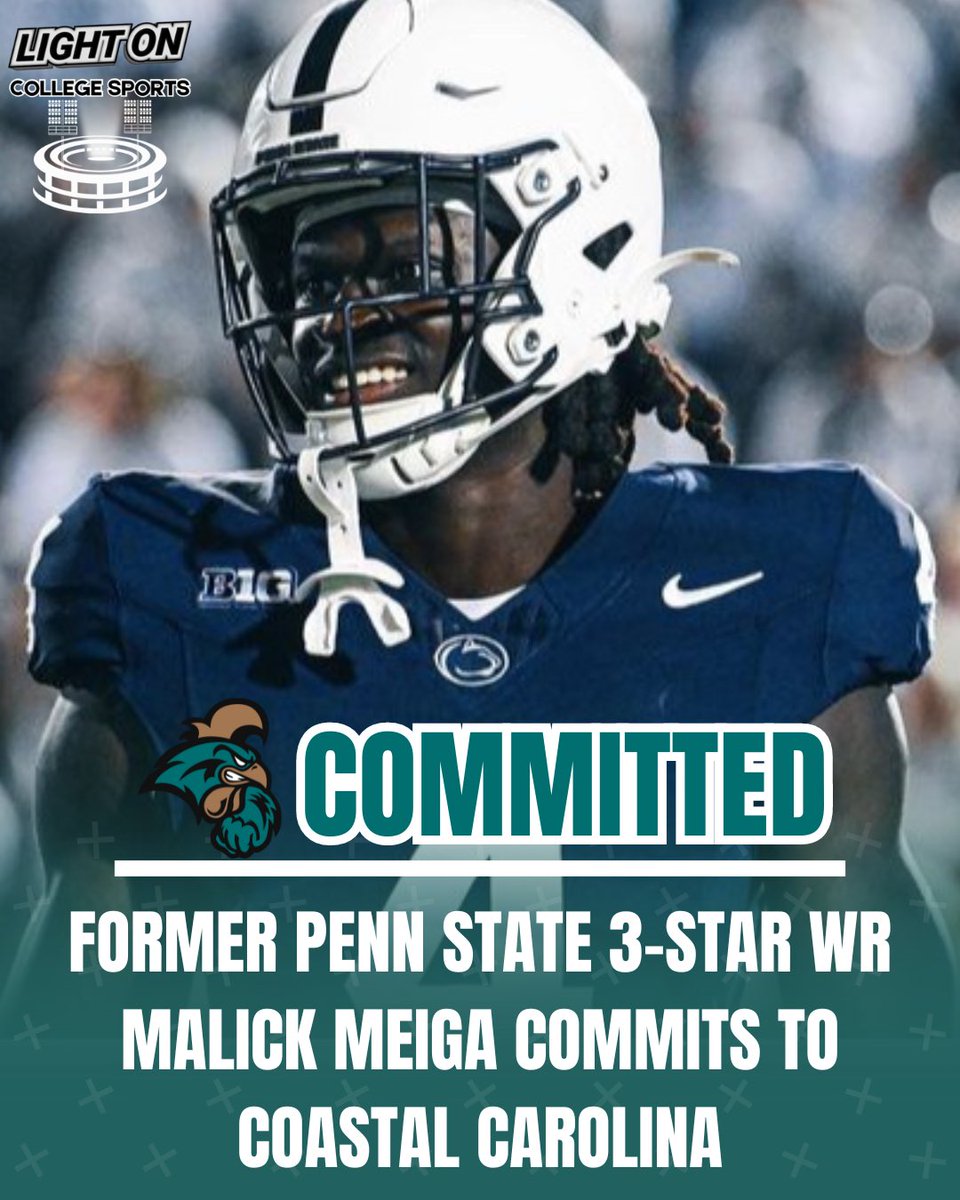 Former Penn State 3-Star WR Malick Meiga has committed to Coastal Carolina, per his social media. 🌴🔥 He recorded 106 receiving yards and 1 touchdown during his time with the Nittany Lions. #BallAtTheBeach @malick_meiga