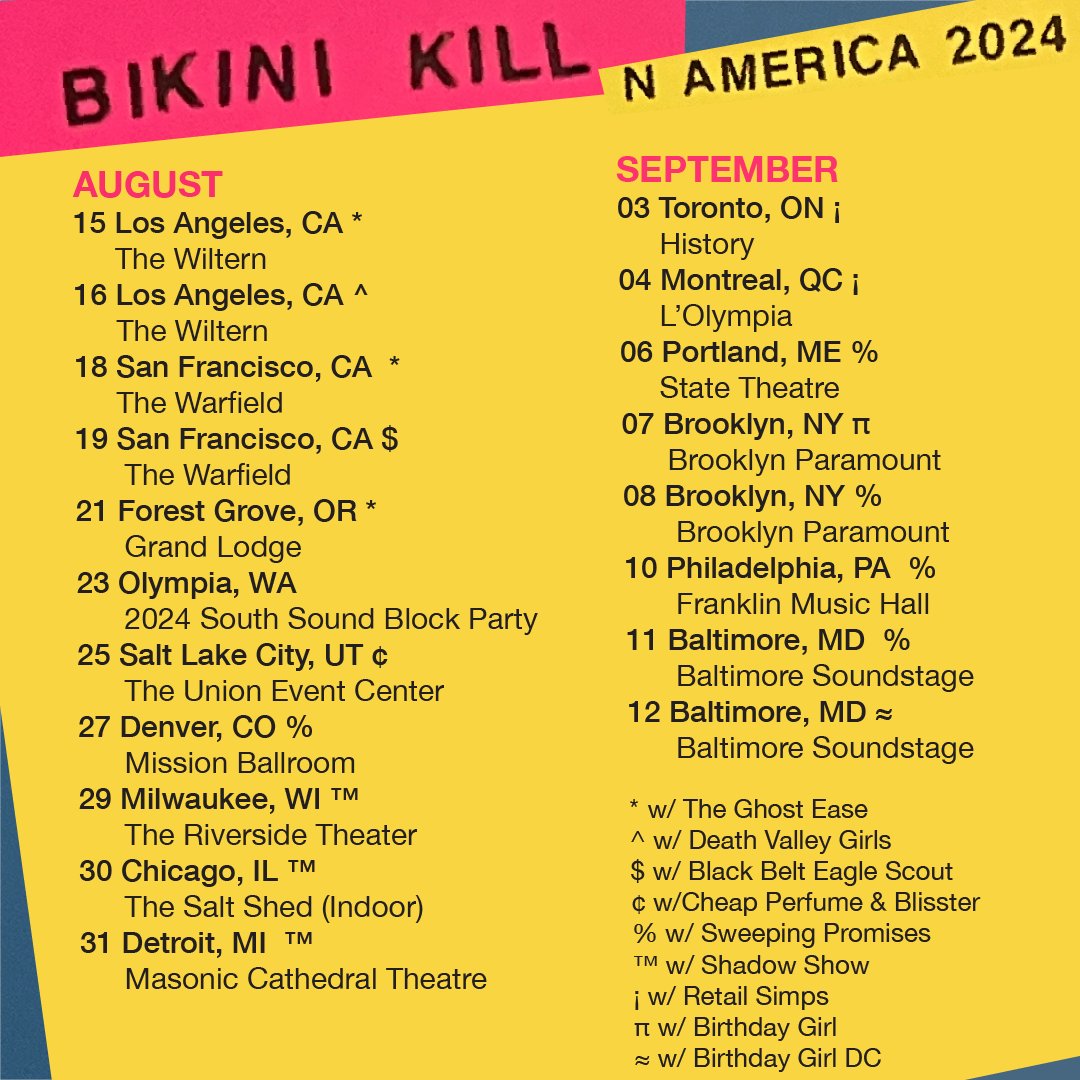 Support has been announced for our N American tour! The Ghost Ease, Death Valley Girls, Black Belt Eagle Scout, Sweeping Promises, Shadow Show, Retails Simps, and not one but TWO Birthday Girl bands. 🎉 bikinikill.com/tour/