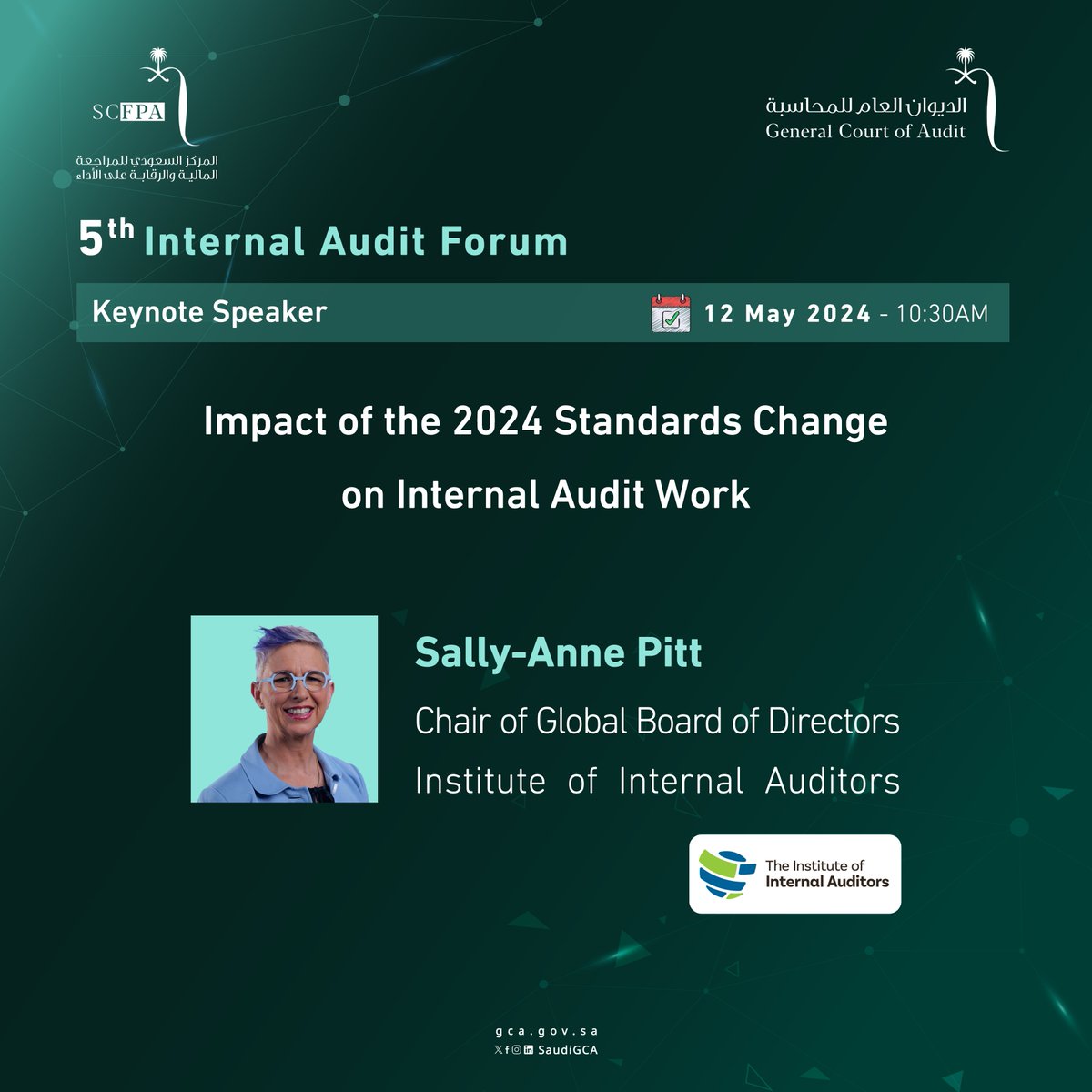 The Chair of the Board of Directors of @theIIA will discuss “The Impact of the 2024 Standards Change on Internal Audit” during the main session of the Internal Audit Forum.

#General_Court_of_Audit