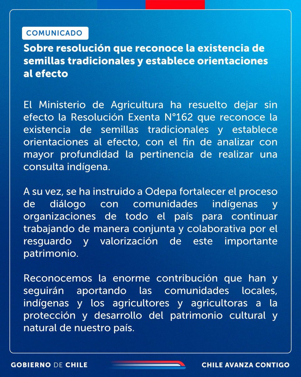 En relación a la resolución que reconoce la existencia de semillas tradicionales y establece orientaciones al efecto, el Ministerio de Agricultura informa lo siguiente: