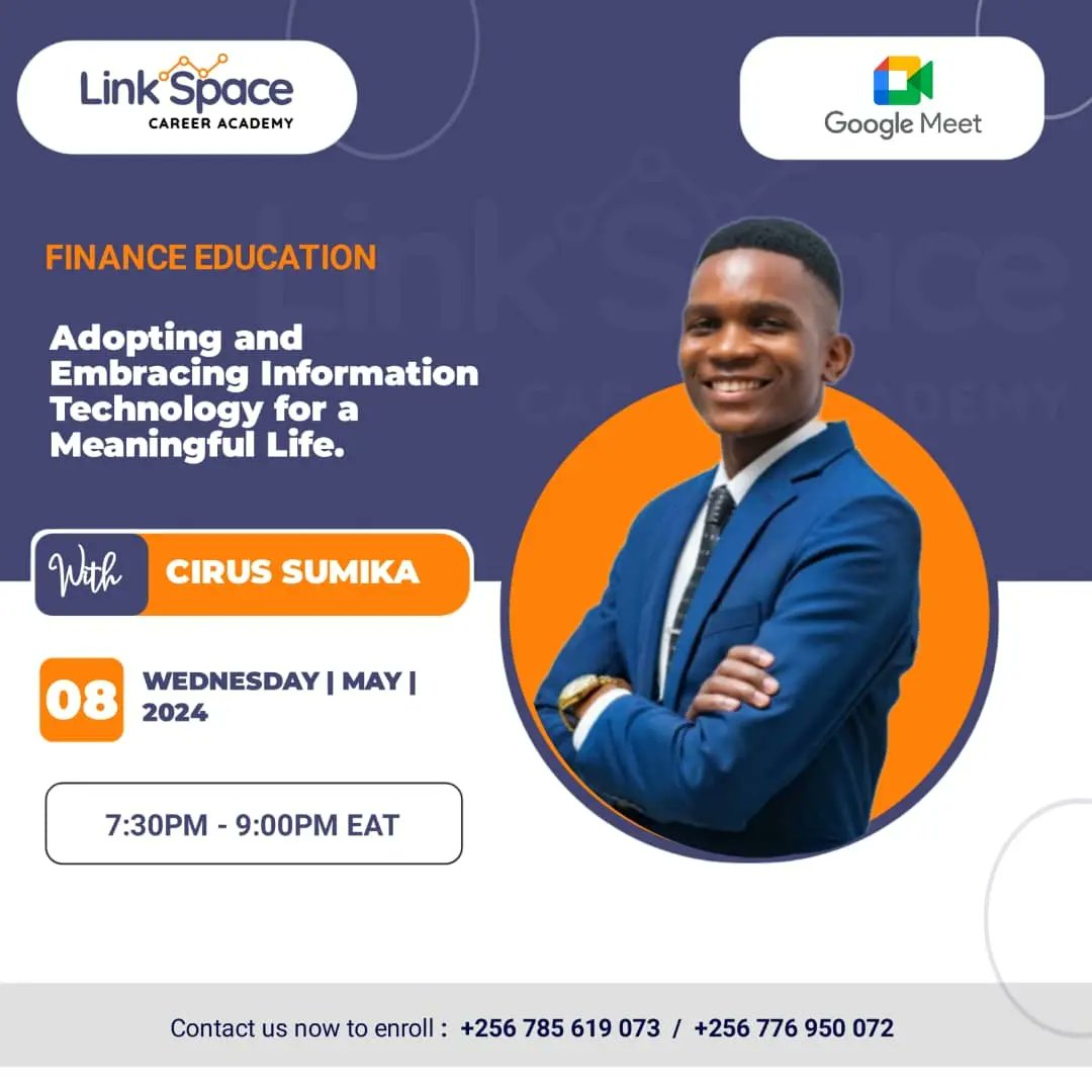 UP NEXT ⏭️ @LinkSpaceCA Join me this evening for a special online session on 'Embracing Information Technology for a Meaningful Life' at #LinkSpaceCareerAcademy 📅 Date: Wednesday 08th May 2024 🕢 Time: 7:30 PM - 9:00 PM EAT 🔗 Event Link: meet.google.com/ffg-epvp-yru