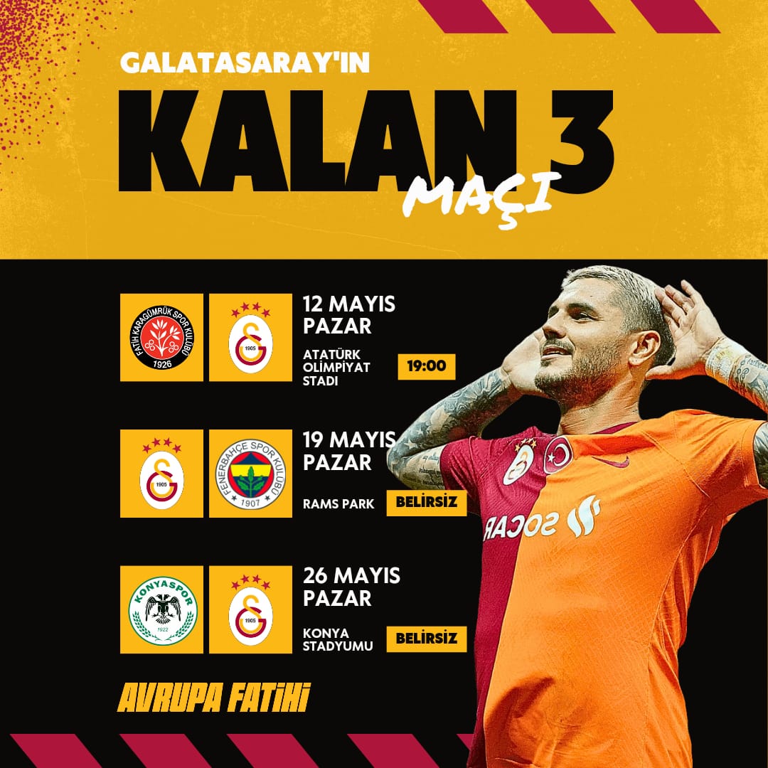 🤔 Galatasaray kalan 3 maçından kaç puan toplar? 🚌 Fatih Karagümrük 🏠 Fenerbahçe ✈ Konyaspor