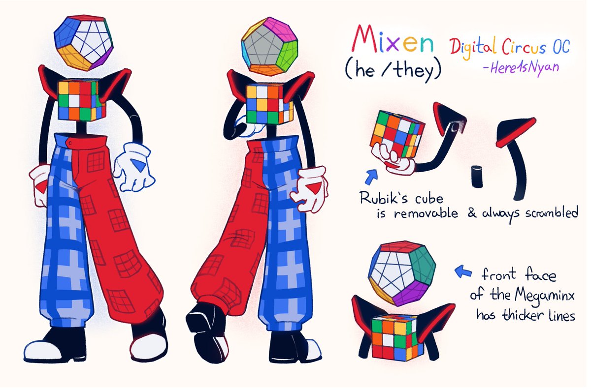here1snyan_'s tweet image. I updated Mixen&apos;s reference sheet to include more descriptions of his design and how he works 🧩❤️
[ #DigitalCircusOC #TADC #TheAmazingDigitalCircus ]
