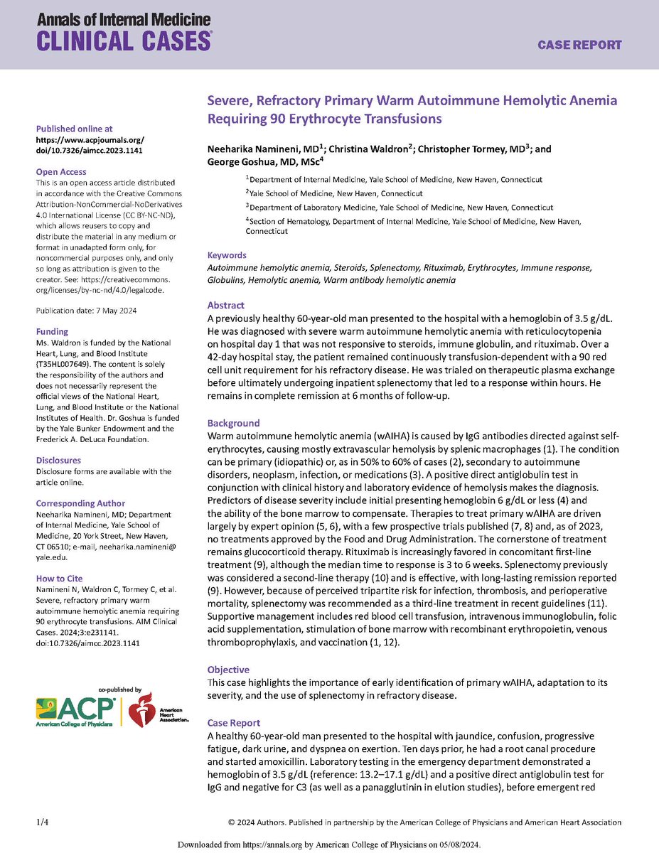 Severe, Refractory Primary Warm Autoimmune Hemolytic Anemia Requiring 90 Erythrocyte Transfusions. Full text of this case report from <a href="/WaldronCJ/">Christina Waldron</a>, @neehanamineni, <a href="/ChrisTormey3/">Chris Tormey</a>, and <a href="/GeorgeGoshuaMD/">George Goshua, MD MSc</a> <a href="/YaleMed/">Yale School of Medicine</a> is freely available at ow.ly/GX5650RzF6P. #AHAjournals