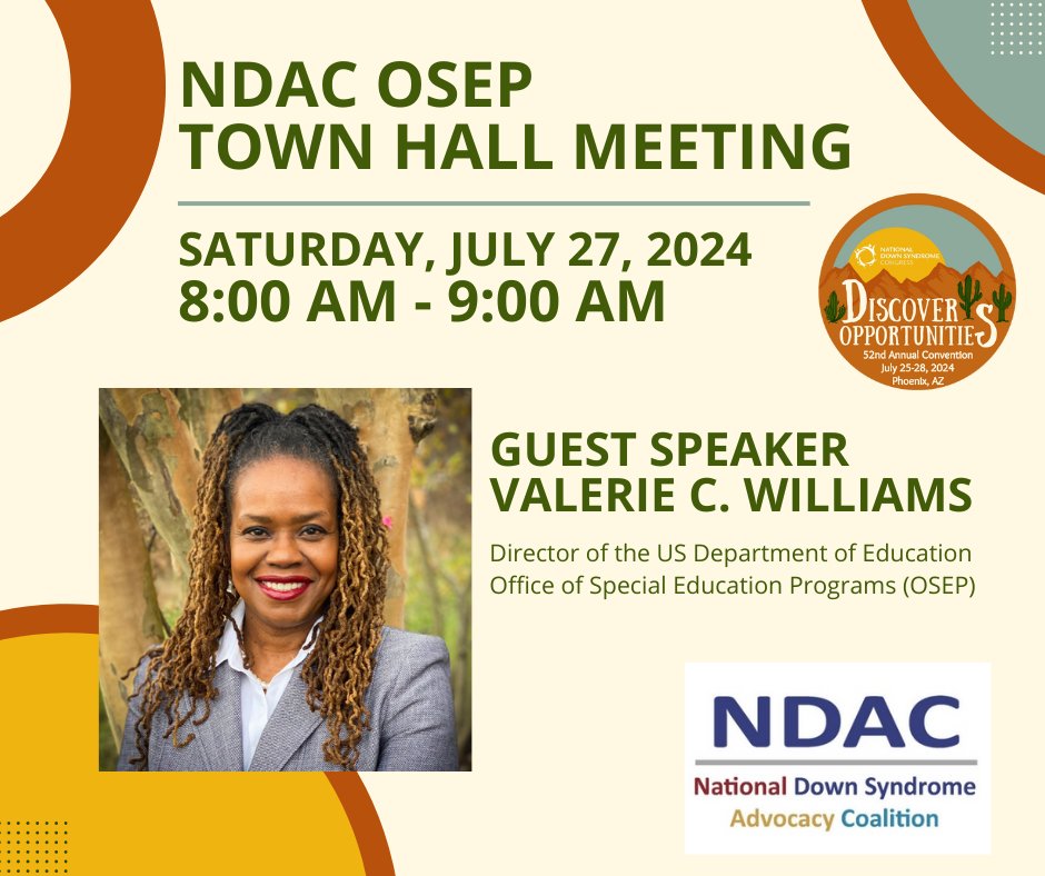 NDSC's tweet photo. We are thrilled that @ED_Sped_Rehab OSEP Director Valerie C. Williams will be meeting with NDAC members at the NDAC OSEP Town Hall at the NDSC Convention, Saturday, July 27, 8:00 – 9:00 AM. Not an NDAC member? 
Learn more or join at https://t.co/bIhR696UEh https://t.co/7AApBdpD1V