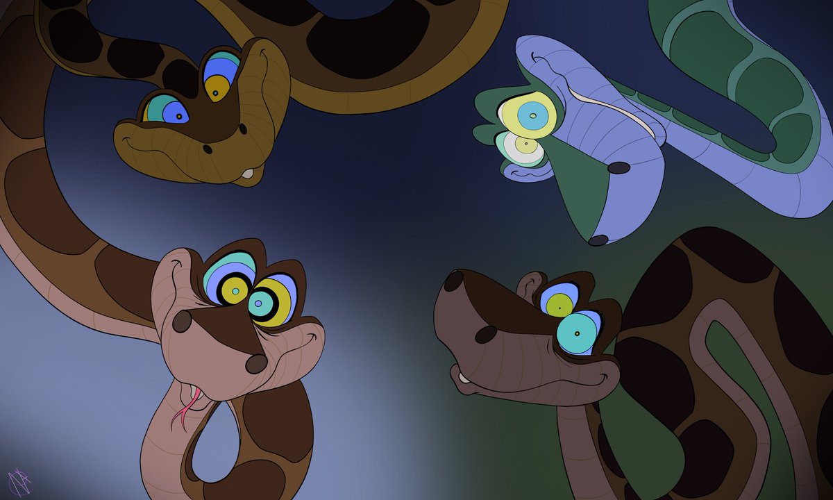 Well... Guess it was inevitable. All four of them noticed you. Uh... Good luck! Kaa's body color palette isn't the only thing with some variation :3 The trademark eyes also have differences between scenes and I tried to highlight a bit of that in this.