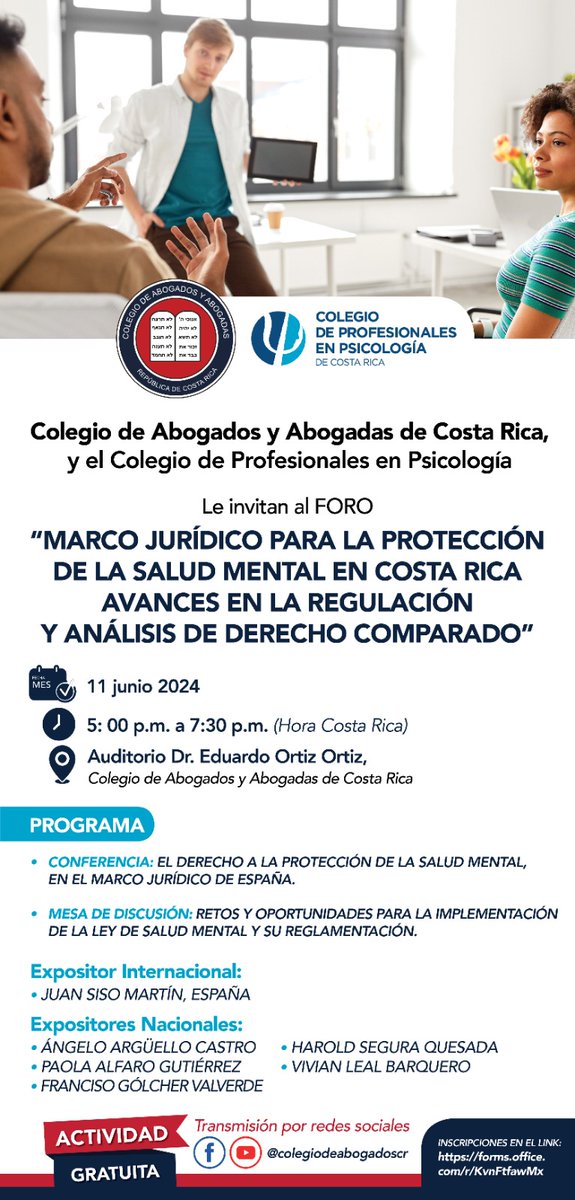 🔈🔈𝗙𝗢𝗥𝗢 🔈🔈

🗣️ Marco jurídico para la protección de la salud mental en Costa Rica 🧠🇨🇷 Avances en la regulación y análisis de Derecho Comparado 📃

📝 Inscripciones
🔗 forms.office.com/r/KvnFtfawMx

📹 Facebook Live
📹 Canal de YouTube

#PrimerColegioProfesionalDeCR⚖️
