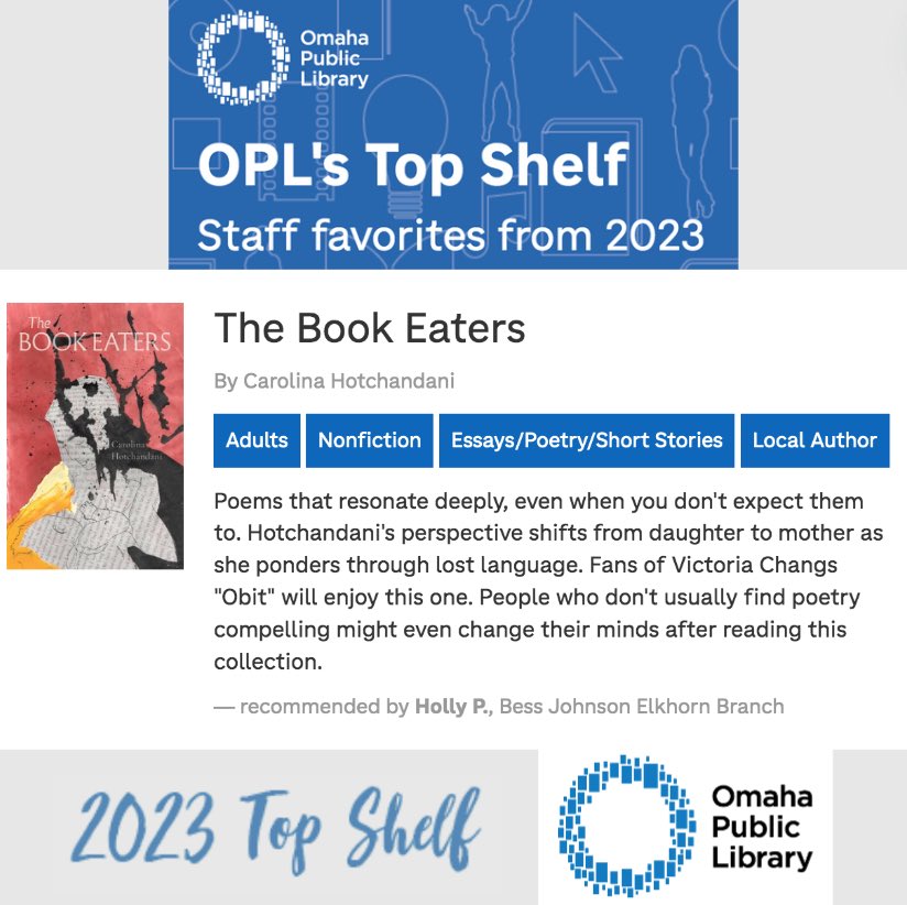 So happy to see Carolina Hotchandani’s THE BOOK EATERS on Omaha Public Library’s “Top Shelf” list of staff favorites. Thank you, @HollyPelesky for recommending this book! 🌟📖🌟 @CHotchandani @OmahaLibrary