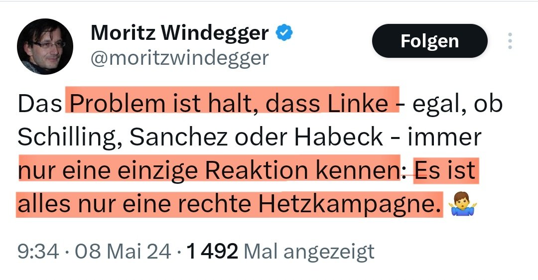 Das Problem ist halt, dass Rechte - egal, ob #Kurz, #Kickl oder #Haider - immer nur eine einzige Reaktion kennen: Es ist alles nur eine linke Hetzkampagne. 🤷‍♂️

Sei es die #Kurz, der sich nicht nur von den Linken verfolgt fühlte, sondern sogar in der #WKStA 'linke Netzwerke'