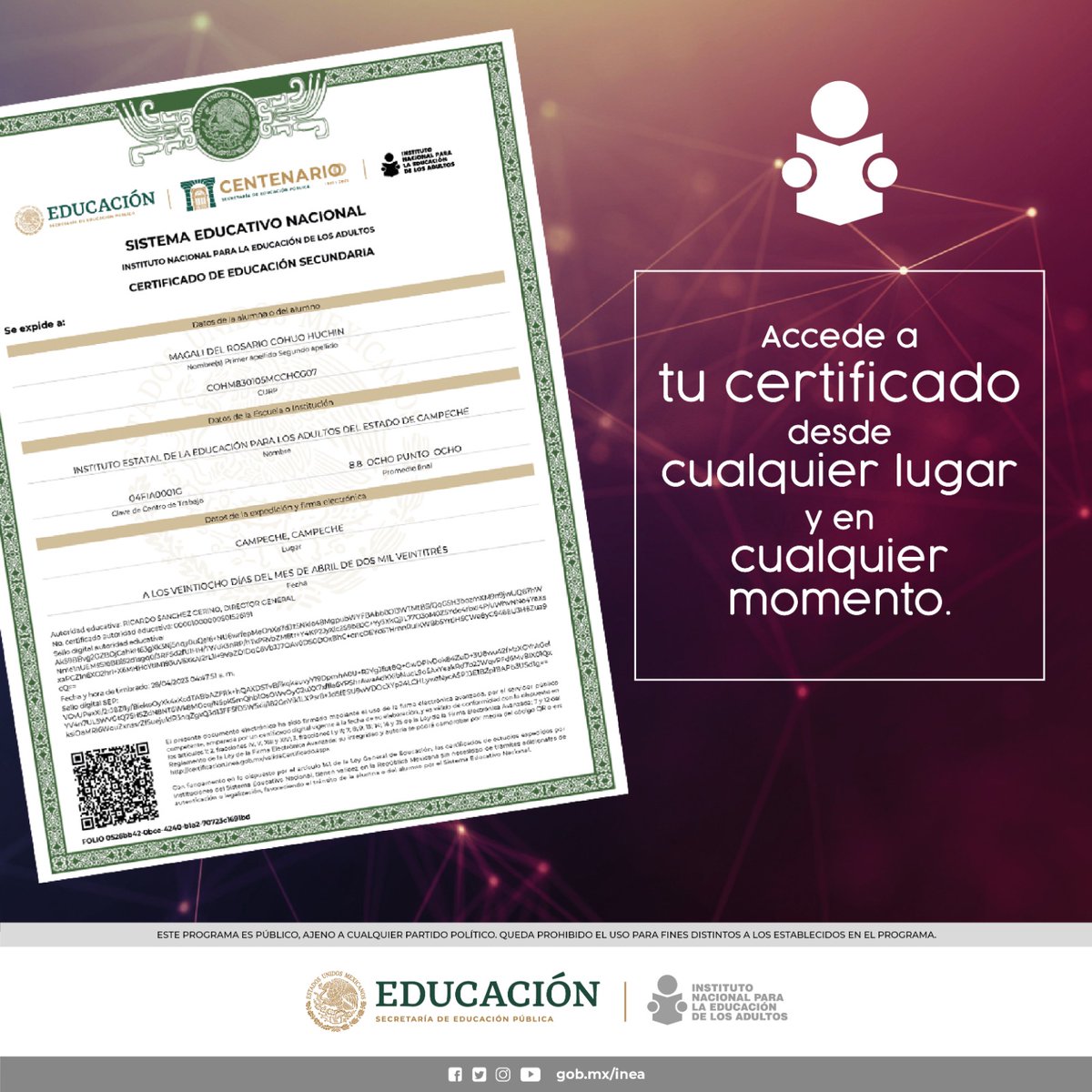 🟡¿Sabías que el #INEA ofrece certificados digitales de primaria y secundaria a través del Sistema de Certificado Digital (SICEDI)? ¡Sí, es cierto! 📌Estos certificados tienen validez oficial y puedes imprimirlos las veces que necesites aquí ➡️ bit.ly/3Lrey8E