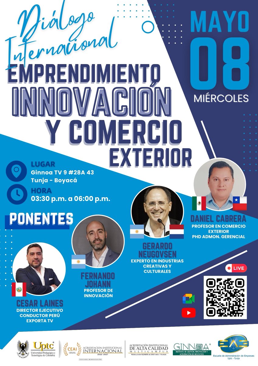 📅 #EventosUPTC | La #UPTC te invita a explora el mundo del comercio global en el Diálogo Internacional sobre Emprendimiento, Innovación y Comercio Exterior de la #UPTC 🌍 ¡Conéctate, aprende y expande tus horizontes! #EnVivo 🔴👇 qr.codes/97ndJN