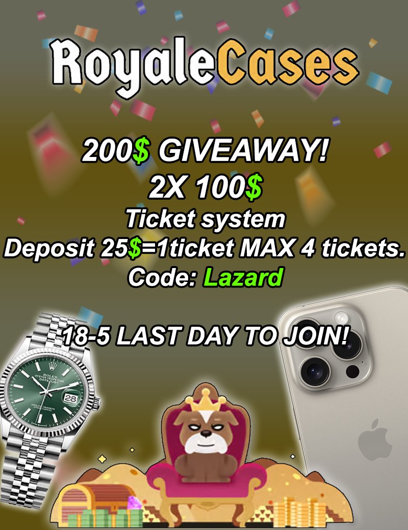 💰200$ GIVEAWAY
✅RT + TAG 1 (RANDOM RT 20$)
🦎Deposit on royale cases
royale.gg/r/lazard
🚨proof on discord or Twitter
⌛️18-5
#freemoney #Giveaway #GiveawayAlert #cryptogiveaway #videogiveaway #casegiveaway #royalecases #csgoskinsgiveaway