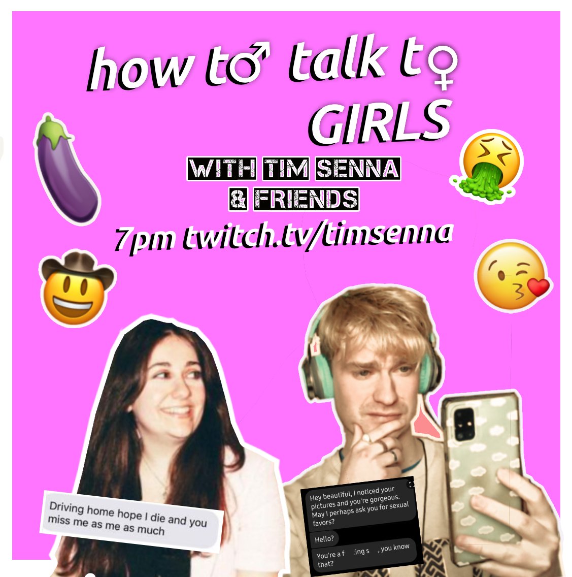 How To Talk To Girls (@talktogirlspod) on Twitter photo We're back at 7pm with <a href="/timsenna/">Tim Senna โ๏ธ</a> & <a href="/EmMcCarthyMusic/">Emma McCarthy</a> reacting to more of the worst rizz Tinder, Hinge & Bumble have to offer!!
Watch live: twitch.tv/timsenna We're back at 7pm with <a href="/timsenna/">Tim Senna โ๏ธ</a> & <a href="/EmMcCarthyMusic/">Emma McCarthy</a> reacting to more of the worst rizz Tinder, Hinge & Bumble have to offer!!
Watch live: twitch.tv/timsenna