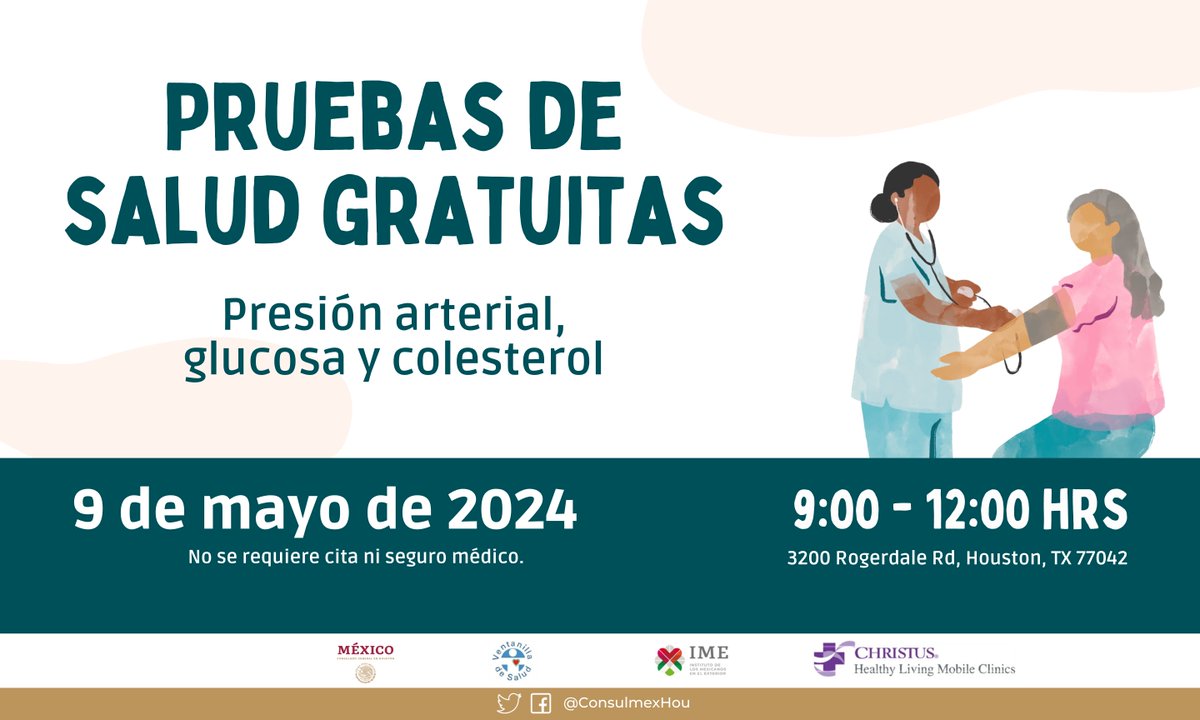 ¿Necesitas realizarte pruebas de salud? Visita nuestra #VentanillaDeSalud este 9 de mayo de 9 a 12 hrs para hacerte pruebas gratuitas de presión arterial, glucosa y colesterol. No se requiere seguro médico. ¡Cuida tu salud! 🩺😷