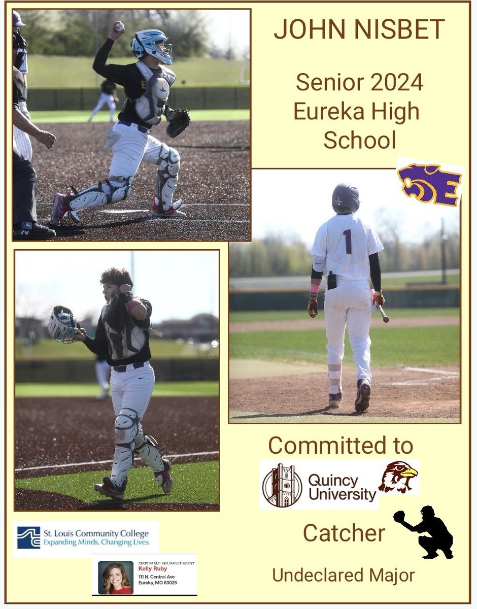 Our latest Senior is John Nisbet.  John has been our primary catcher on varsity and is also a 4 year veteran.  Currently off to Quincy in the fall to continue catching.  Currently undeclared, but plenty of time for that.  Thanks to our sponsors State Farm-Kelly Ruby and STL CC.