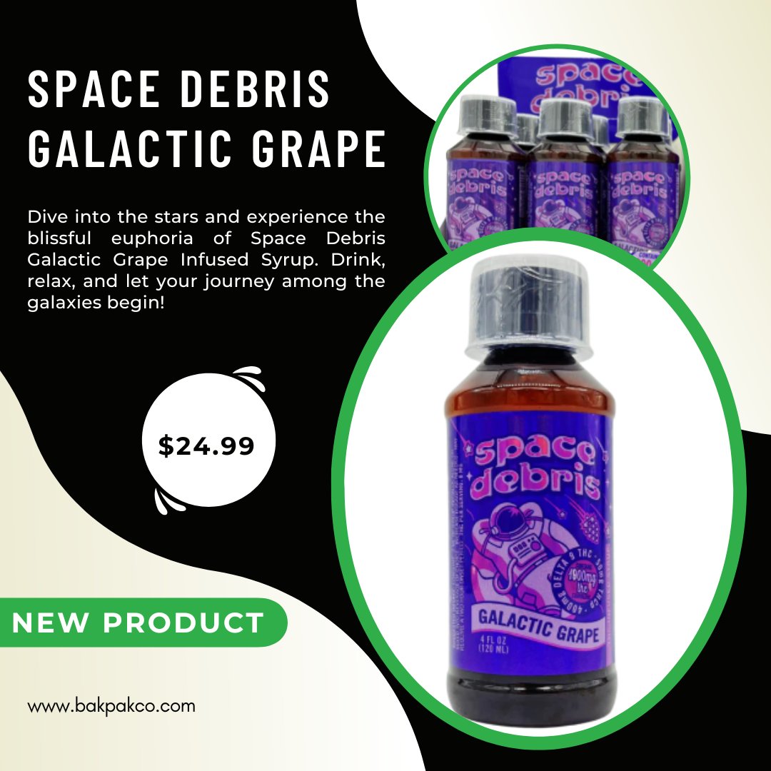 Check out our new product! 🌟Explore the cosmic delights of BakPak's Space Debris Galactic Grape, a tantalizing syrup. 🍇 Ideal for mixing into your favorite drinks. #galacticgrape #euphoriasyrup #relaxationelixir #bakpakdelights #flavorescape