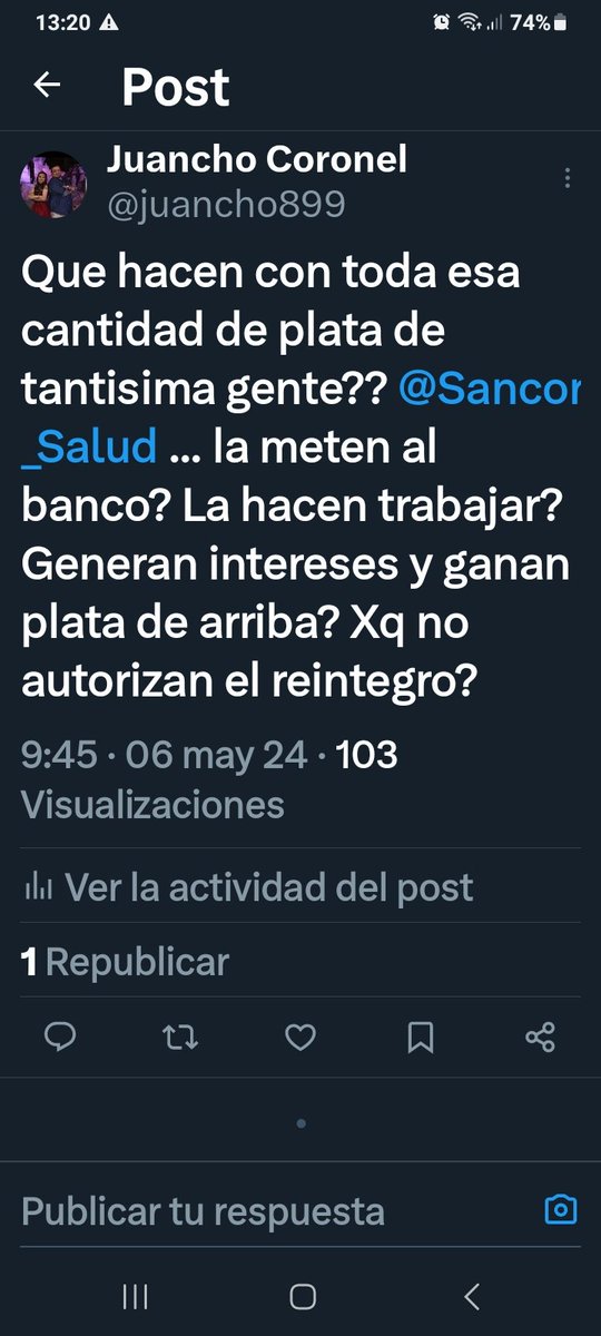 Co"creo q x este tw <a href="/Sancor_Salud/">SanCor Salud</a> m sta apretando? Hoy al llamar x 14 vez m preguntan MI nombre (siempre piden solo el dni d esposa) y si yo hice reclamo x "otra via" le dije si,x twitter y después d 1 largo rato  me dice q no hay tramite solicitando el reintegro
