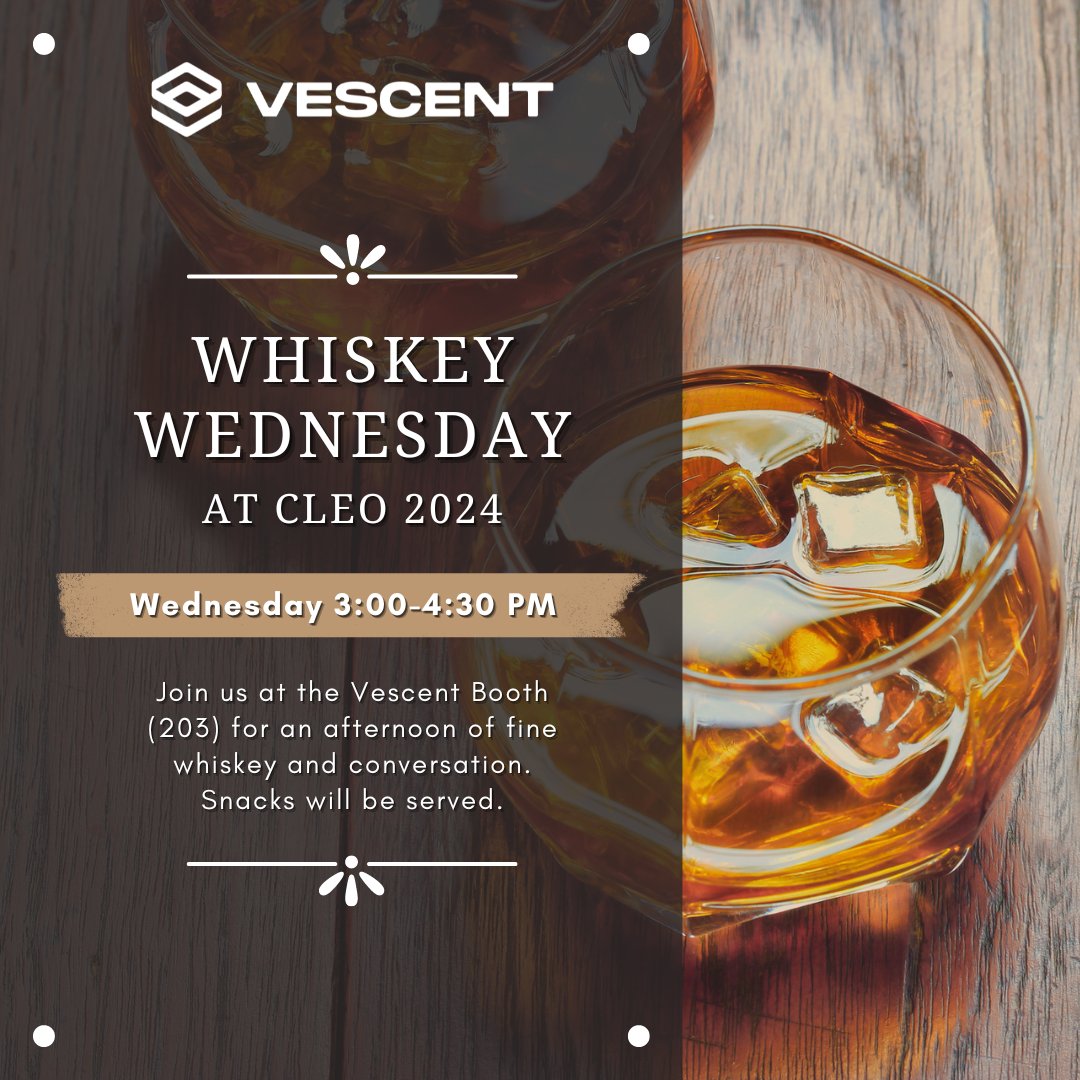 Join us TODAY for Whiskey Wednesday at CLEO! 🥃
Stop by our booth (203) from 3:00-4:30 PM. We'll have various whiskeys and snacks. We're looking forward to some great conversations! 😊

#CLEO24 #lasers #quantumtechnology #quantum #frequencycombs #photonics #whiskey