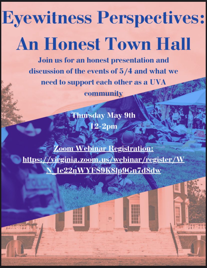 Yesterday UVA administration held a bogus “town hall” where they didn’t let anyone speak and lied about the police violence on Saturday. So now UVA faculty are holding our own town hall to voice our concerns and discuss what must be done moving forward. Please share far & wide♥️