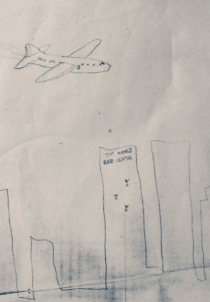 I was reminded today of my 14-year-old brother’s Nostradamus-like drawing from a 1991 school jotter: 10 years before the fateful event. He even anticipated the jumpers…
