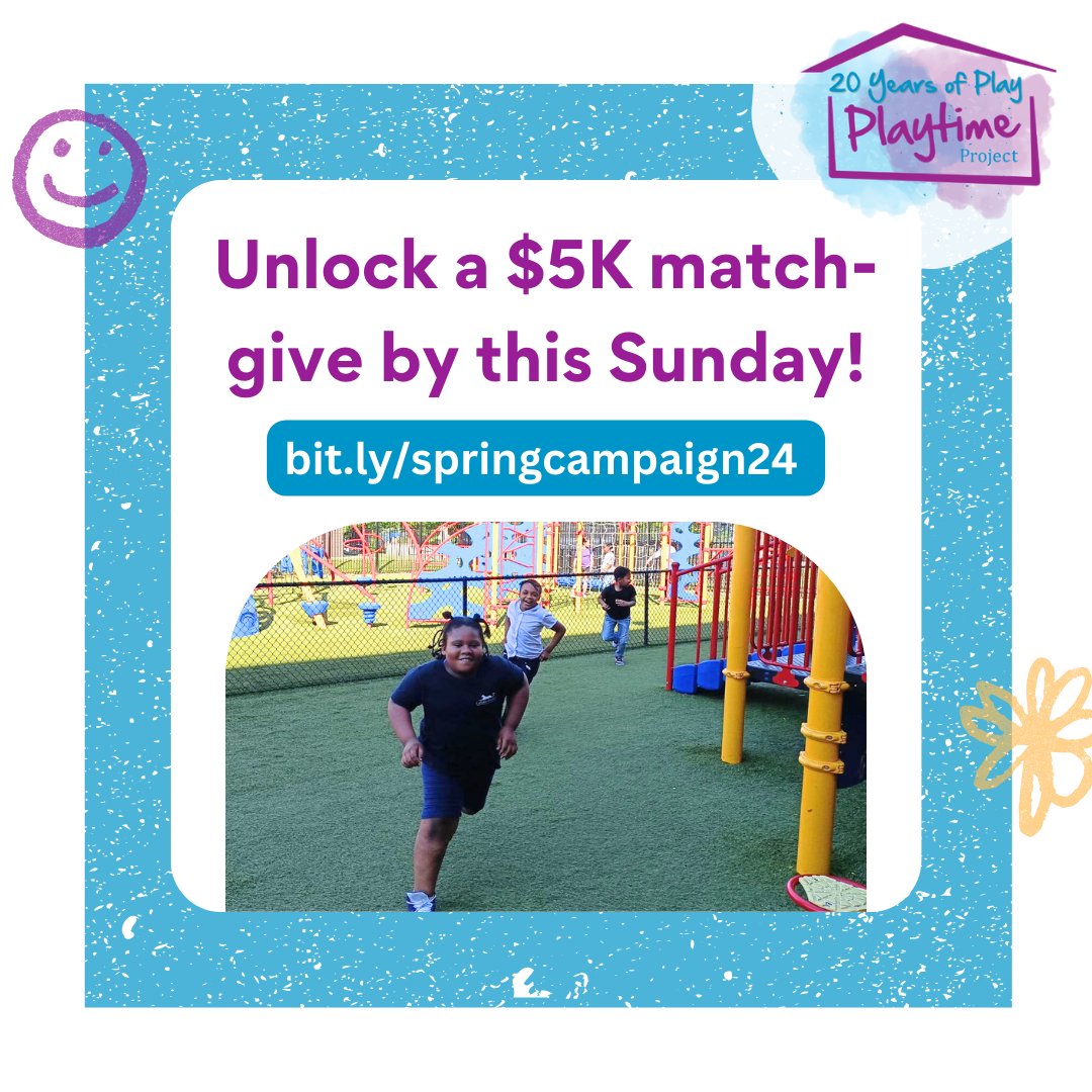 ProjectPlaytime's tweet image. Help @ProjectPlaytime unlock a $5k match by this Sunday, May 12! If we can raise another $5k by the end of this week, The SuPau Trust will match it. We are only $3,860 away! Will you give today (at any amount!) to help? Learn more: bit.ly/springcampaign… #SpringIntoPlaytime
