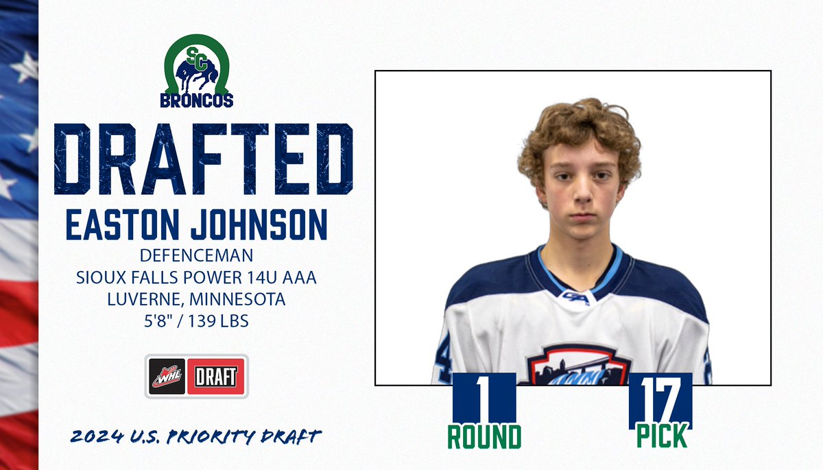 With the 17th Overall Pick in the 2024 U.S. Priority Draft, the Broncos select.... D - Easton Johnson (Luverne, MN) Johnson played this season with the Sioux Falls Power U14 AAA club, and had 61 points in 51 games! Welcome to Swift, Easton and Family!