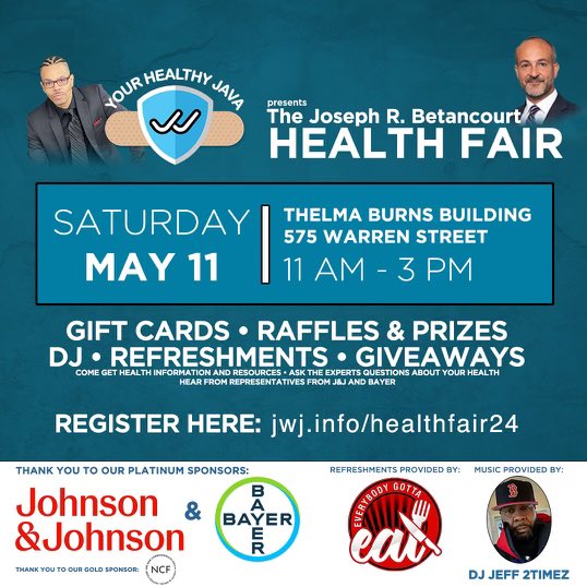 Join us for the 3rd Annual #YourHealthyJava Joseph R. Betancourt Health Fair. THIS SAT - MAY 11, 2024 | 11 AM to 3 PM at the THELMA BURNS BUILDING | 575 WARREN STREET Theres gift cards & other giveaways! Free food provided by EGE & music will be provided by Jeff Two Timez.