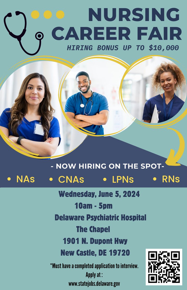 🎉 Join us at Delaware Psychiatric Hospital Career Fair 🗓️ Date: June 5, 2024 🕙 Time: 10:00 am - 5:00 pm 📍 Location: 1901 N. DuPont Hwy, New Castle, DE Explore career opportunities for Nursing Assistants, CNAs, and RNs. Plus, $10,000 sign-on bonus! 💰