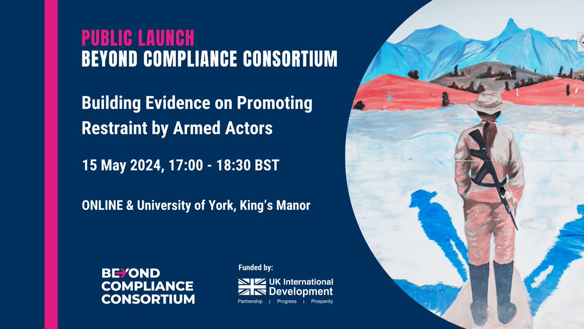 One week to go! 15 May, 5-6.30pm BST. Join <a href="/BeyondCompCons/">Beyond Compliance Consortium</a> Public Launch of our research programme. Includes fireside chat on addressing #HumanitarianNeed and #CivilianHarm - #IHL and #IHRL compliance (&amp; beyond) in war. Attend online or at <a href="/UniOfYork/">University of York</a>  bit.ly/44uxIni