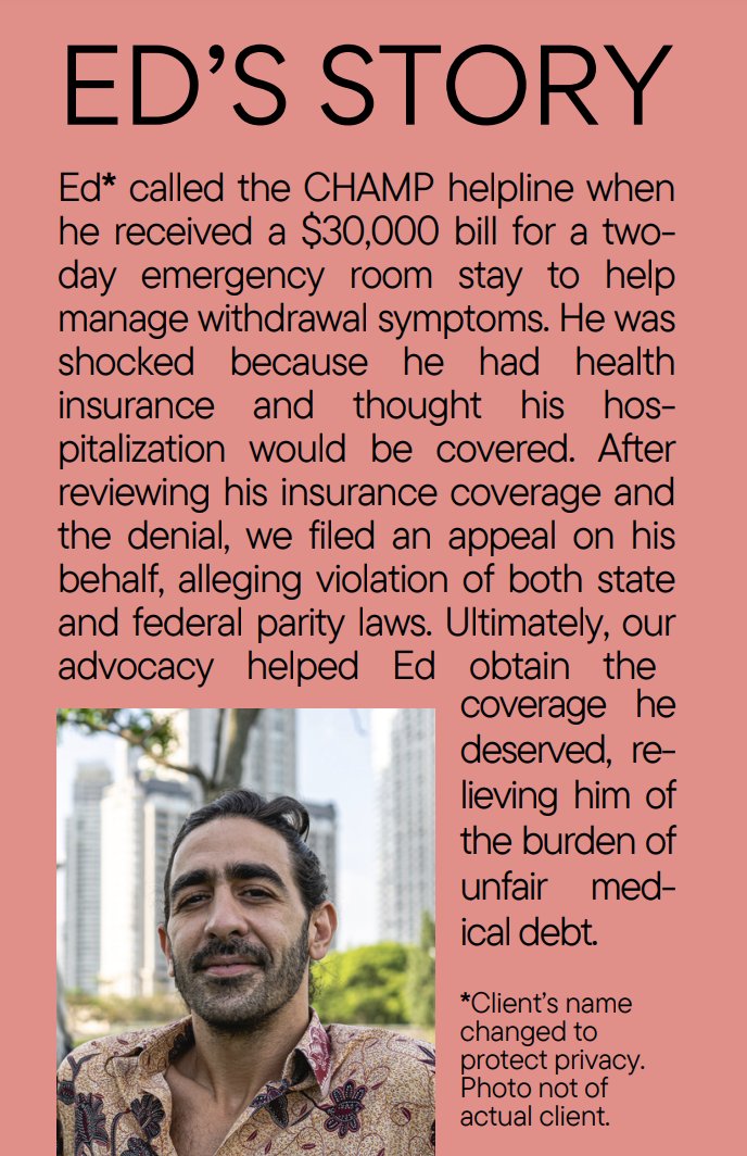 Ed called CHAMP helpline in NYS about $30k bill he received for a 2-day ER stay to help manage withdrawal symptoms even tho he had insurance - we filed an appeal alleging #parity law violations & helped Ed obtain the coverage he deserved! NYers, learn more lac.org/major-project/…