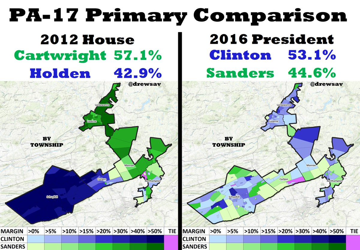 In 2012, progressive attorney Matt Cartwright defeated Blue Dog Rep. Tim Holden in the Democratic Primary. Looking at the 2016 pres primary, Clinton mostly did better in Cartwright areas while Bernie was stronger in places that backed Holden.