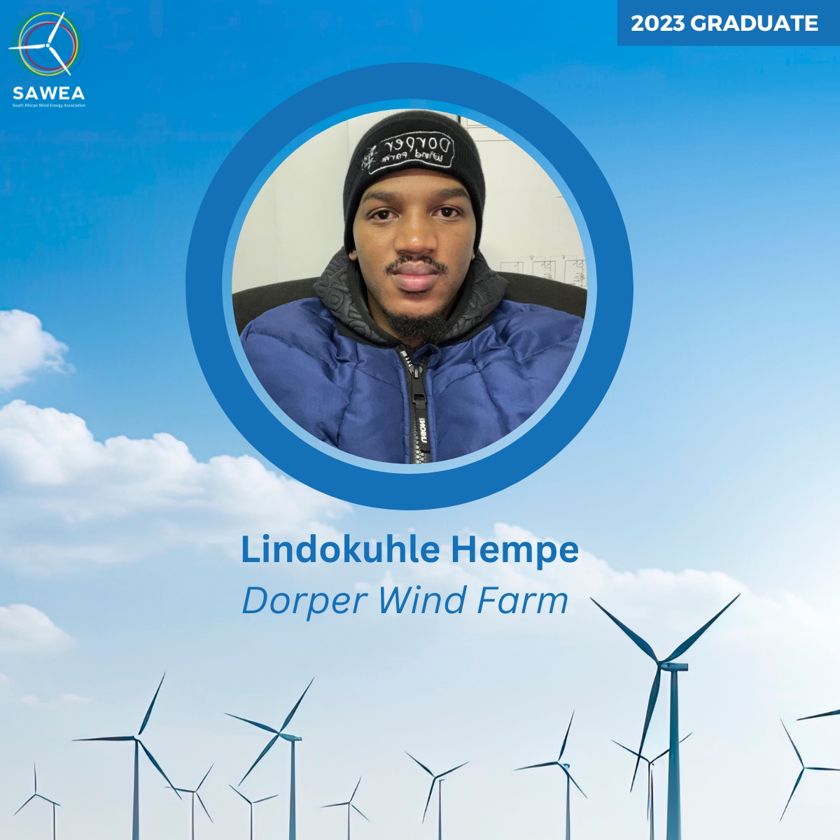 GRADUATION SEASON 👨‍🎓 Congratulations to Dorper Wind Farm's intern, Lindokuhle Hempe for completing his B-Tech: Electrical Engineering at the @WalterSisuluUni . #2023graduate #leadingwithwind #sawea