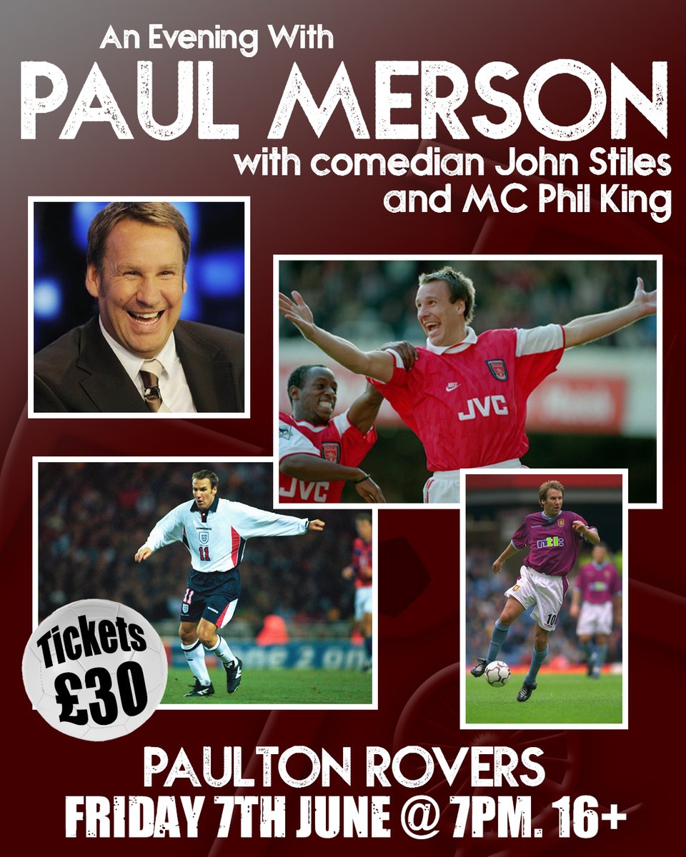 Enjoy an evening in the company of Paul Merson with comedian John Stiles (son of Nobby) and MC, Phil King! 16+. Tickets £30 each and fast food can be purchased on the night. Available at the club and online here: shorturl.at/nwM68