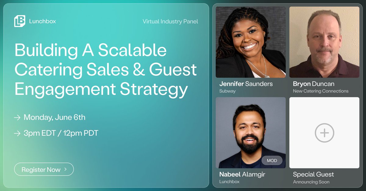 Join Lunchbox and industry leaders Jennifer Saunders of @SUBWAY, Byron Duncan of New Catering Connections, and @nabeeleats on June 6th for a virtual panel on 'Building a Scalable Catering Guest Engagement and Sales Strategy'. Register: events.hubilo.com/building-a-sca…