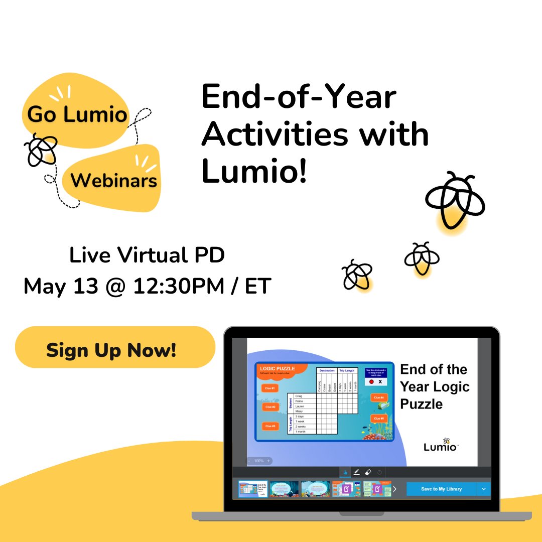 End the year on a memorable note with engaging and fun wrap-up activities in Lumio! Join the #GoLumio team next week for this webinar to explore end-of-year activities. Sign up here: bit.ly/3UkZxK1