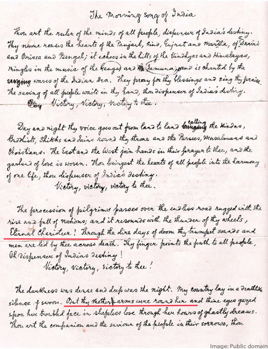MumukshuSavitri's tweet photo. This English version of Gurudev Rabindranath Tagore’s Jana Gana Mana in his own handwriting finally disproves all the lies that he wrote it for King George. The term “Eternal Charioteer” can only mean Shri Krishna &amp; reference to Mother’s arms is clearly alluding to Devi Durga. https://t.co/ayxD9r4v4X