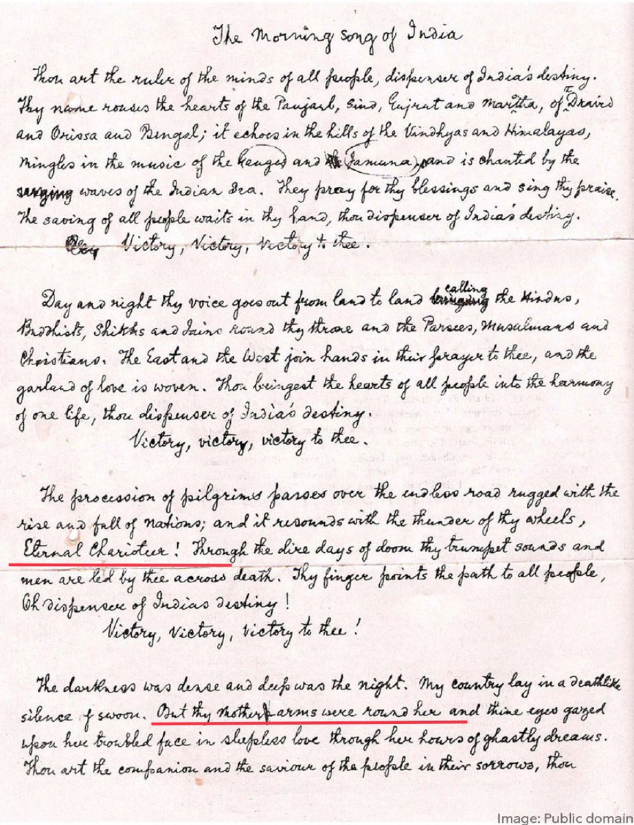 This English version of Gurudev Rabindranath Tagore’s Jana Gana Mana in his own handwriting finally disproves all the lies that he wrote it for King George. The term “Eternal Charioteer” can only mean Shri Krishna & reference to Mother’s arms is clearly alluding to Devi Durga.