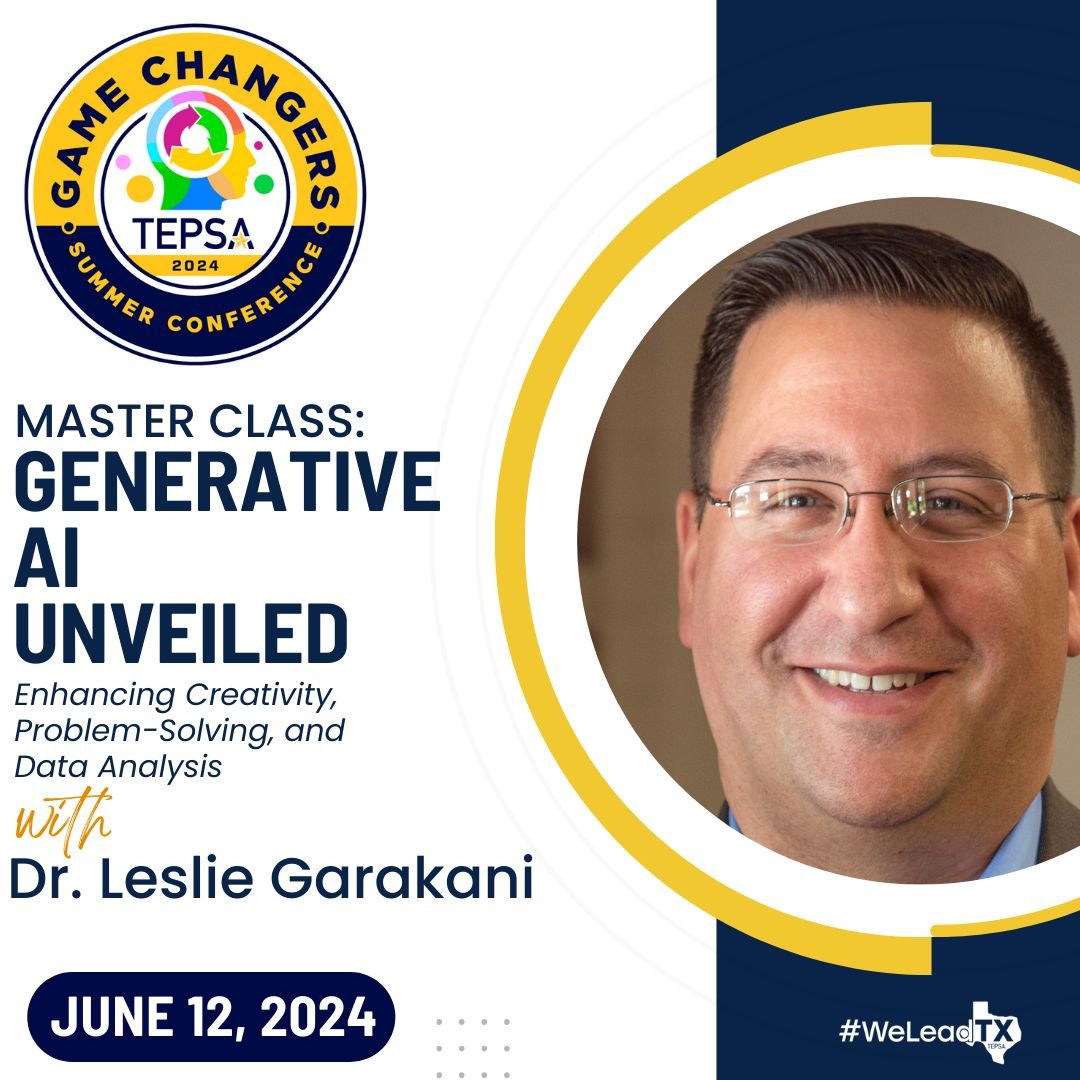We've all heard about Aritificial Intelligence (AI)...but what does it mean for us as school leaders? How can we harness the power and use it to help us do our jobs more efficiently? Don't miss this Master Class w/Leslie Garakani: tepsa.org/summer-confere… #WeLeadTX #TXed #AI