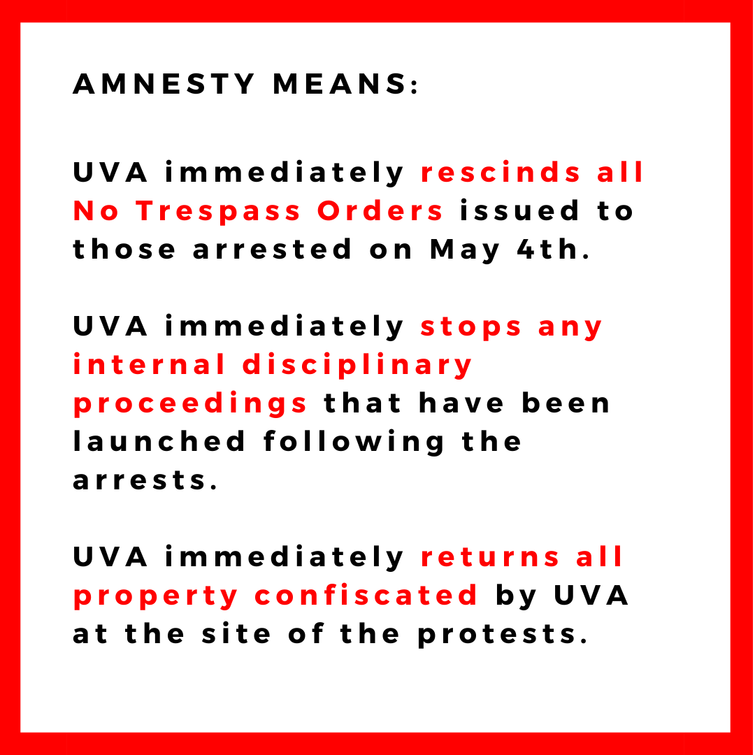 JOIN YOUR COLLEAGUES. WITHHOLD GRADES. DEMAND AMNESTY. On Saturday, May 4, UVA exec admin stood by while state police cracked down on a peaceful gathering. The aim of the protest was for UVA to disclose where state and tuition dollars go, and sever ties... (1/2)