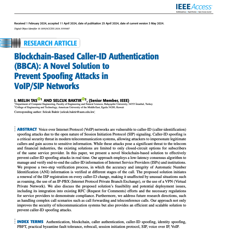 artinscience's tweet photo. Some things take time. 🕒 Since 2017, I've navigated through evolving standards and embraced blockchain to address gaps in #VoIP #SIP security. Our work "Blockchain-Based Caller-ID Authentication" is now published in @ieeeaccess https://t.co/upkRHtcpbK #Blockchain #CyberSecurity https://t.co/QSLgUgePLq