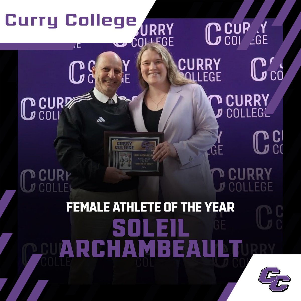 Belated congratulations to Soleil Archambeault for being named @CurryEdu Female Athlete of the Year! Slay finished 13th in the NCAA for save percentage (0.947), had 5 shutouts, 1 assist, and was @CCC_Sports goalie of the year. Congrats Slay! #BleedPPPurple