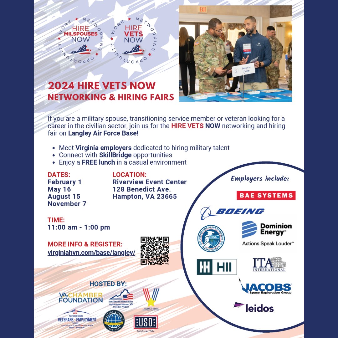 Are you a transitioning service member, veteran or military spouse looking for a career in the civilian sector? Join us 11 a.m.-1 p.m., May 16, for the next HIRE VETS NOW career fair on Langley AFB. Enjoy a free lunch and meet employers. Register at virginiahvn.com/base/langley