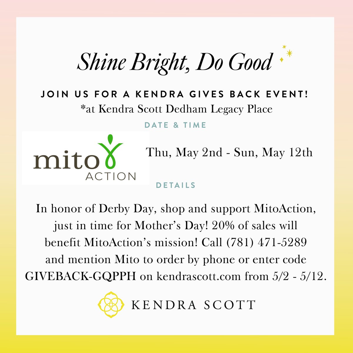 There is still time to do your Mother’s Day shopping with our partners at Kendra Scott! Shop between now and Sunday, May 12th, and use the code above to make sure part of your purchase supports MitoAction. buff.ly/2FSB7ix