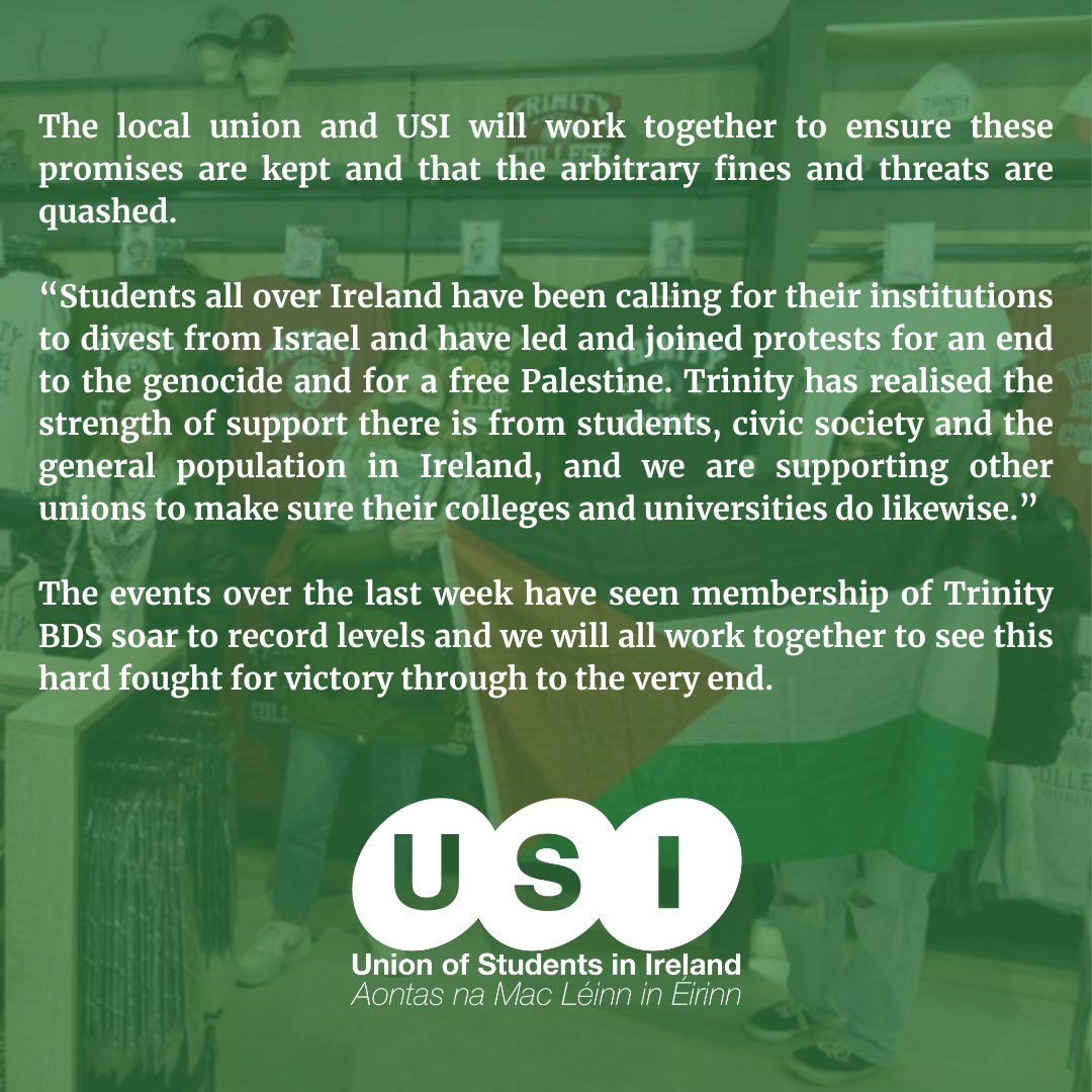 USI, TCDSU and Trinity BDS will follow the process step-by-step to ensure Trinity keeps to today’s agreement to work towards ‘full divestment from Israel’ Swipe for full @TheUSI statement or read here: usi.ie/featured/usi-t…