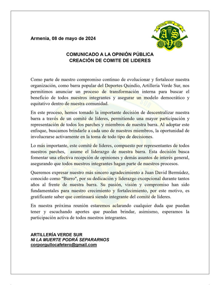 𝗖𝗢𝗠𝗨𝗡𝗜𝗖𝗔𝗗𝗢 𝗢𝗙𝗜𝗖𝗜𝗔𝗟

#ComunicacionesAVS
#ArtilleriaVerdeSur