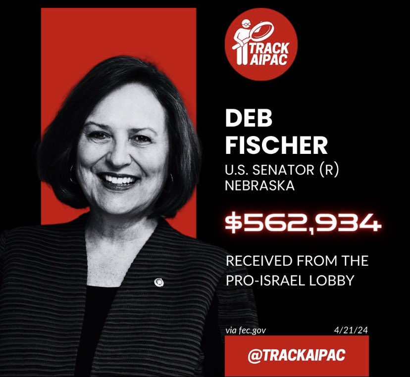@SenatorFischer Deb is COMPROMISED and is paid by a foreign entity to push Israeli  propaganda

@TrackAIPAC #RejectAIPAC