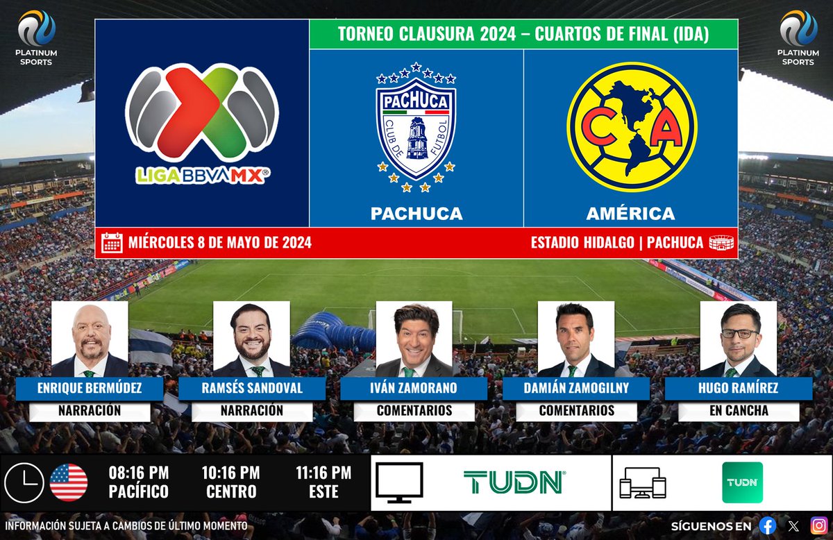 ⚽️ #LigaBBVAMX 🇲🇽 | #Pachuca vs. #América 🇺🇸📺 @TUDNUSA 🎙️ @enriquebermudez 🎙️ @RamsesSandoval 🎙️ @bambam9oficial 🎙️ @RusoZamogilny 🎙️📝 @elchefhugord #LoNuestroEsElFútbol - #LiguillaEnTUDN