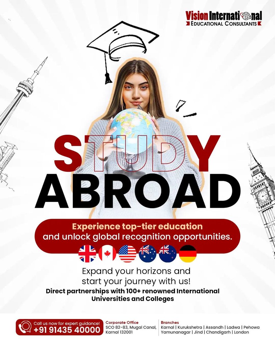 Study Abroad with Vision International Educational Consultants and experience the world class education with top universities of the world. Call: 9143540000  #StudyAbroadExperts #StudyAbroad2024 #StudyAbroadAdventures #StudyAbroadLife #InternationalEducation #EducationAbroad