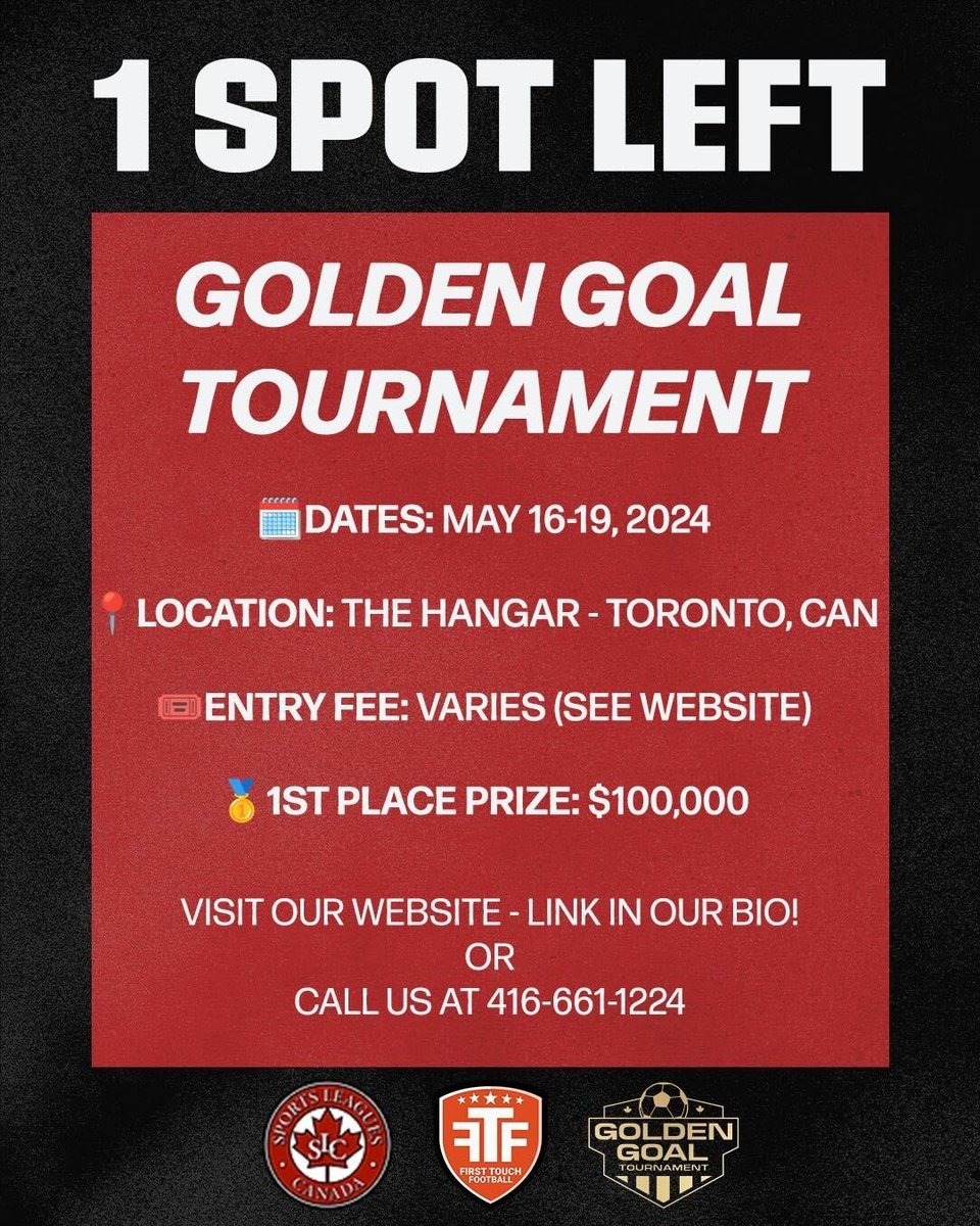 ONE TEAM SPOT LEFT! 🏆 Join the Golden Goal Tournament at The Hangar in Toronto, Canada, May 16th-19th, 2024. Don't miss your chance to compete for a $100,000 first place prize! 🤑 𝗙𝗢𝗥 𝗜𝗡𝗙𝗢 & 𝗥𝗘𝗚𝗜𝗦𝗧𝗥𝗔𝗧𝗜𝗢𝗡 🔗 Link in bio 🧑‍💻 Visit: bit.ly/SLCGoldenGoal