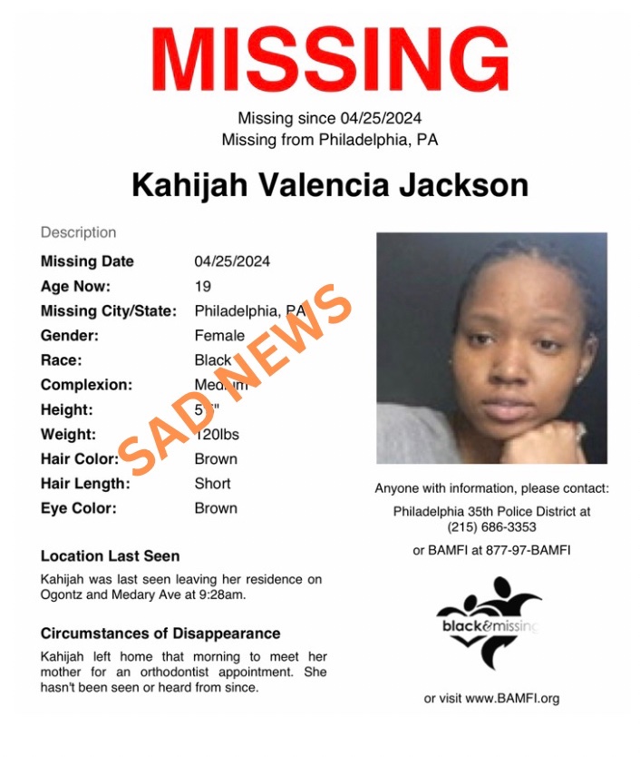 SAD NEWS: We have been alerted by the family of 19y/o Kahijah Jackson that Kahijah’s body has been located. Additional information not provided at this time. Please keep her family in your thoughts and prayers. Thanks for sharing her profile. 🙏🏾